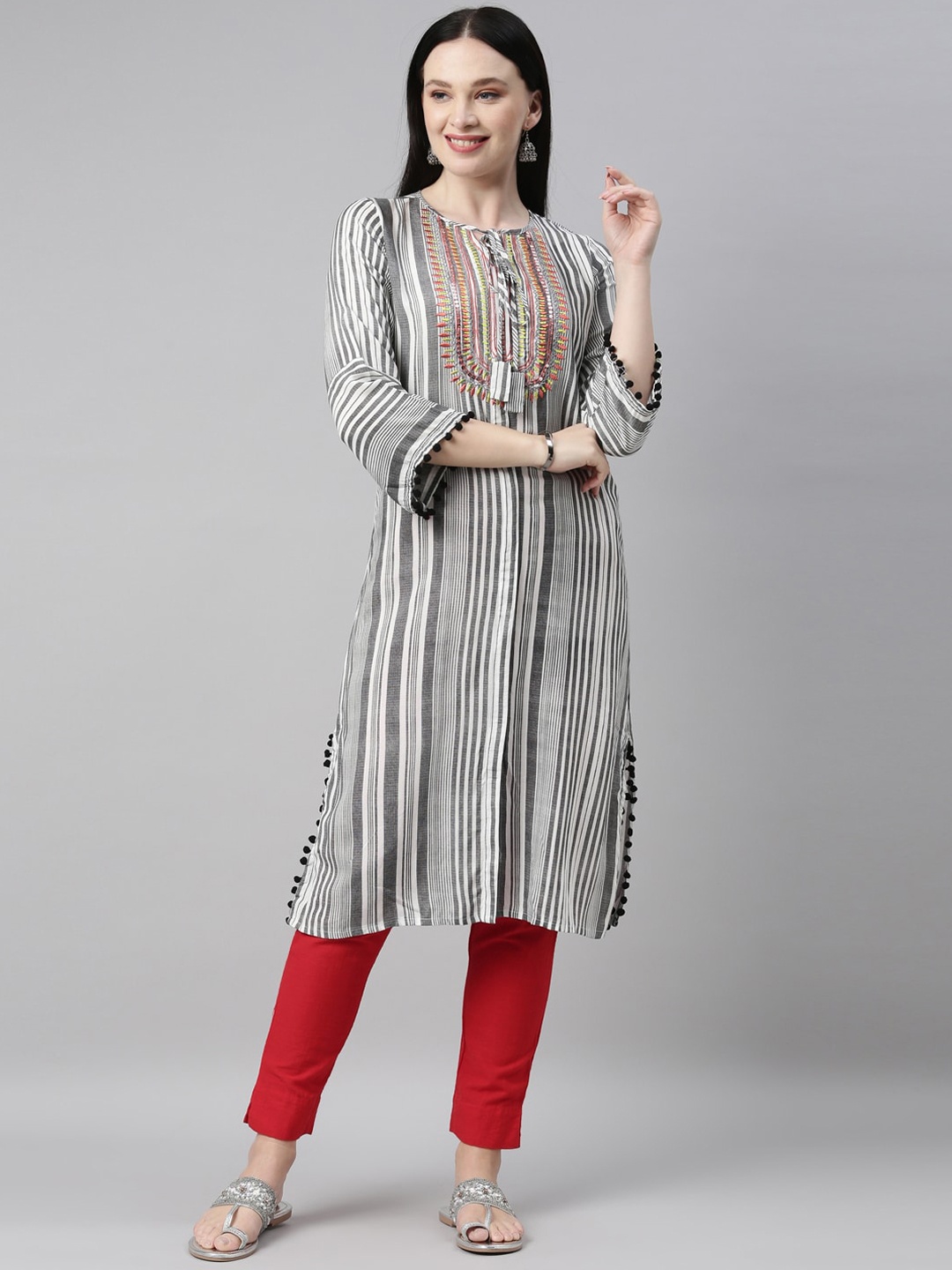 

Neerus Women Off White Striped Keyhole Neck Flared Sleeves Kurta