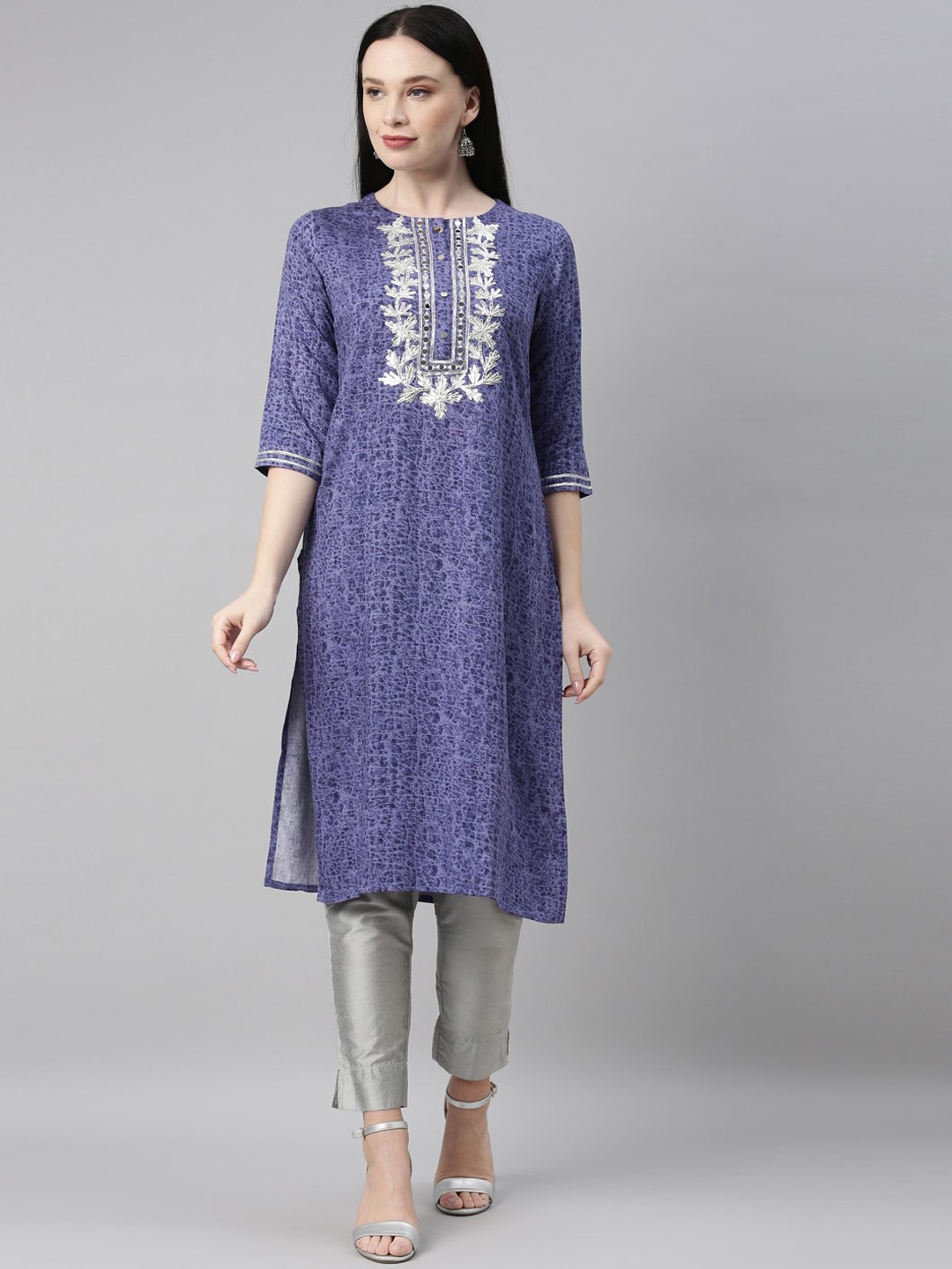 

Neerus Women Blue Printed Mirror Work Kurta