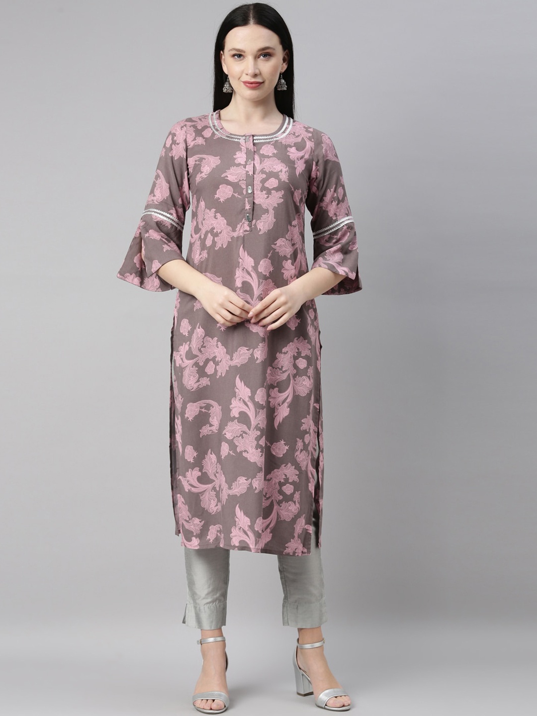 

Neerus Women Brown & Pink Printed Flared Sleeves Kurta