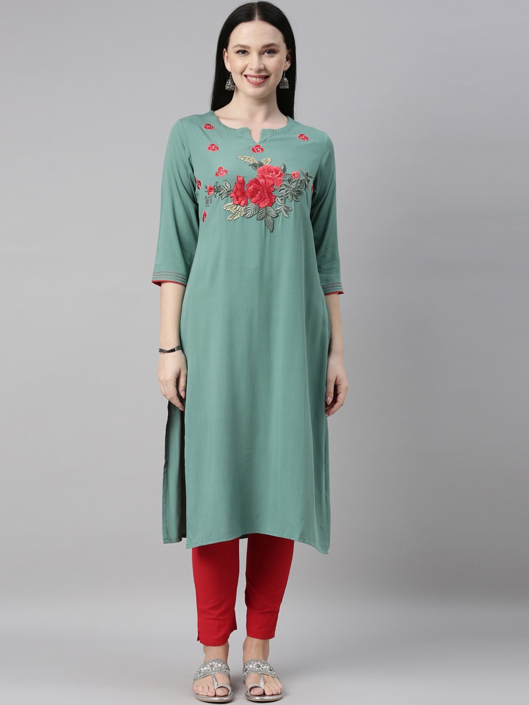 

Neerus Women Sea Green & Red Embroidered Thread Work Kurta