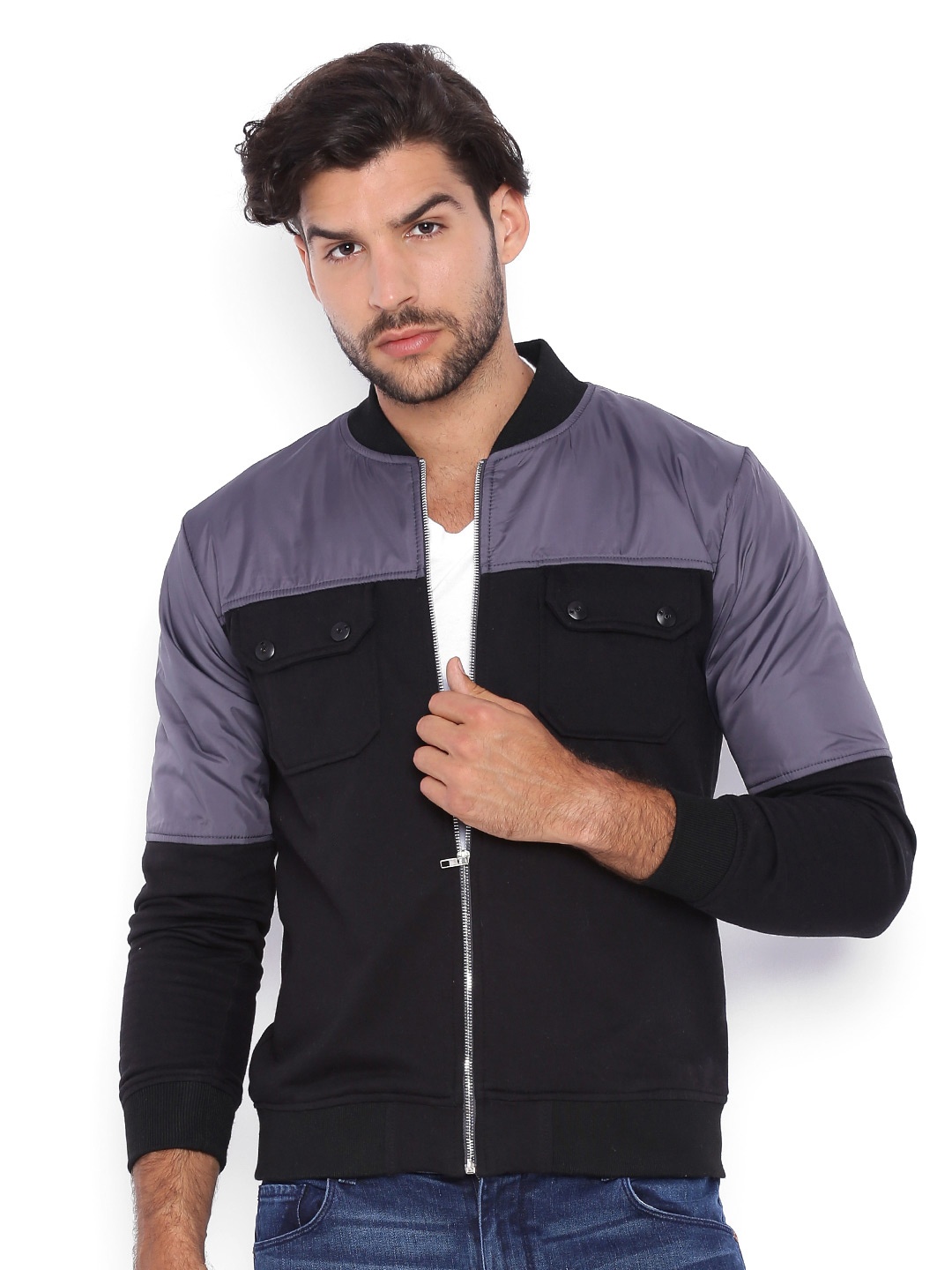 

Campus Sutra Black & Grey Colourblocked Bomber Jacket