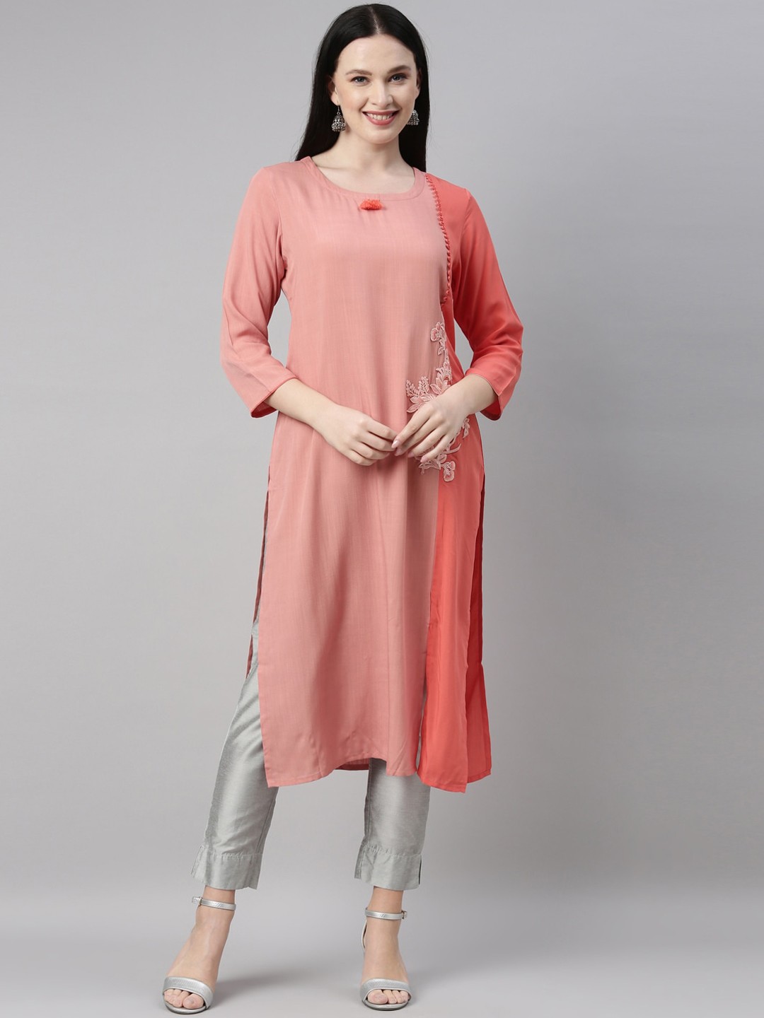 

Neerus Women Peach-Coloured Floral Embroidered Kurta