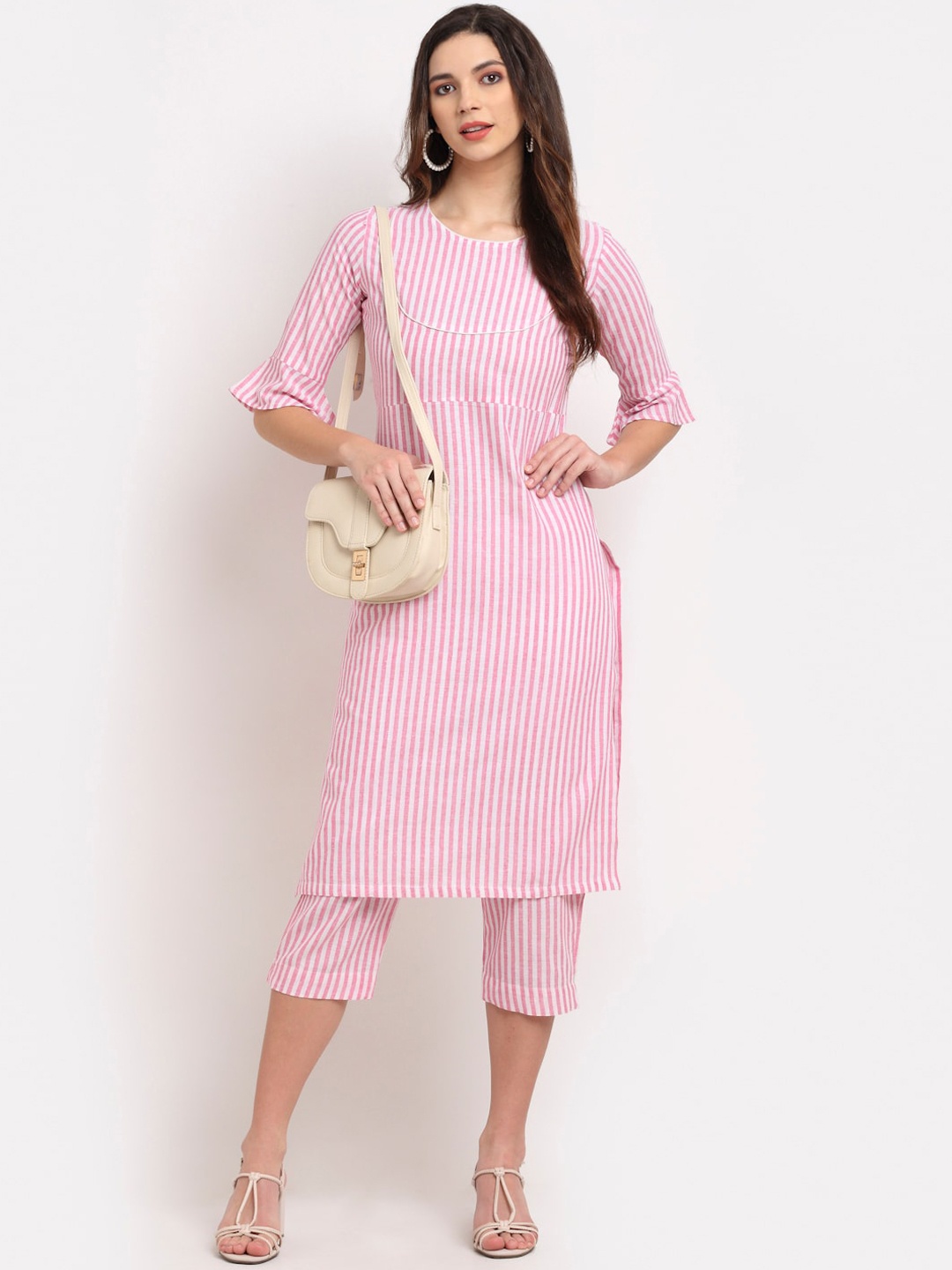 

Rudra Bazaar Women Pink & White Striped Regular Kurta with Trousers