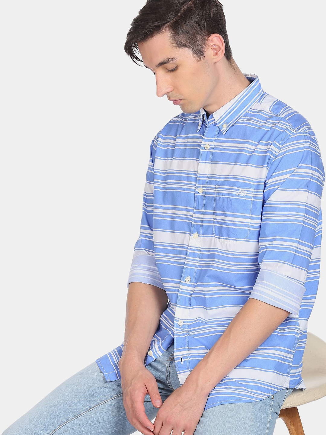 

Aeropostale Men Blue Horizontal Stripes Opaque Striped Cotton Casual Shirt