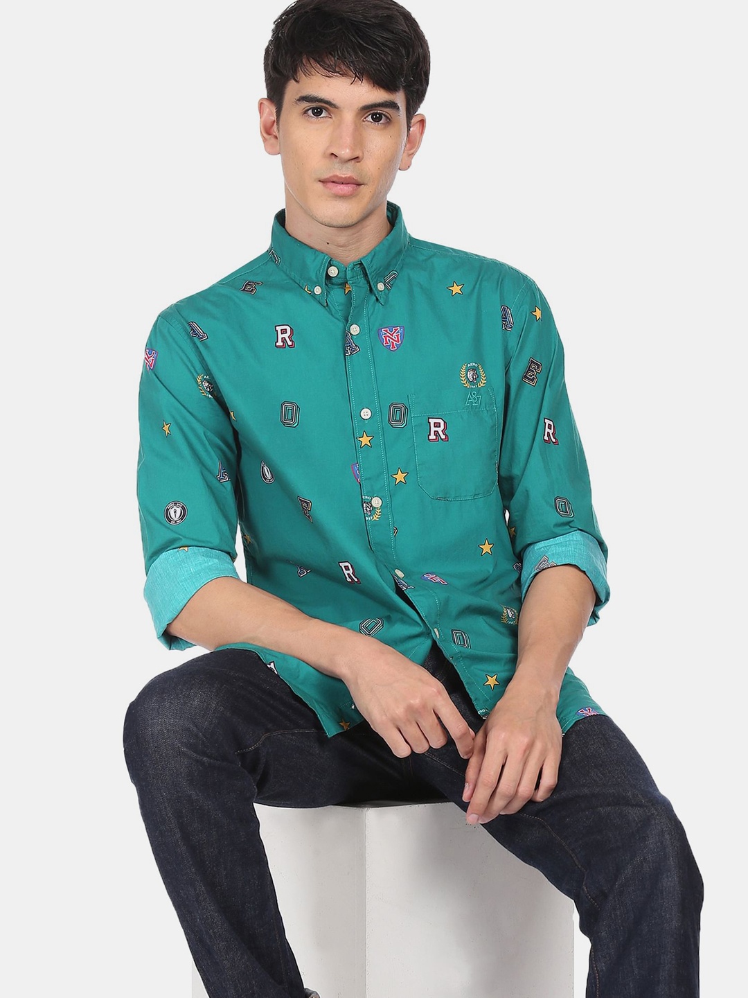 

Aeropostale Men Green Opaque Printed Casual Cotton Shirt
