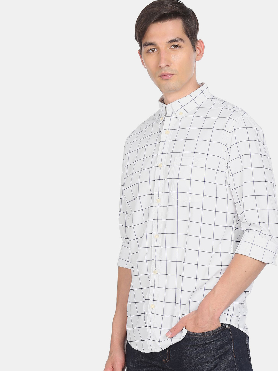 

Aeropostale Men White Windowpane Checks Opaque Checked Casual Shirt