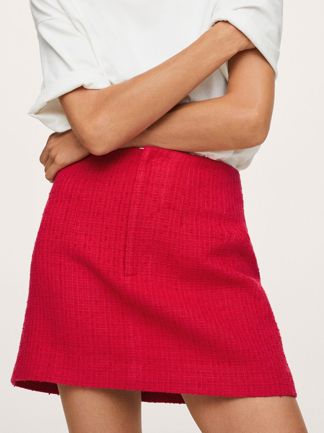 

MANGO Women Red Self Checked Boucle Knit Pleated Mini A-Line Skirt