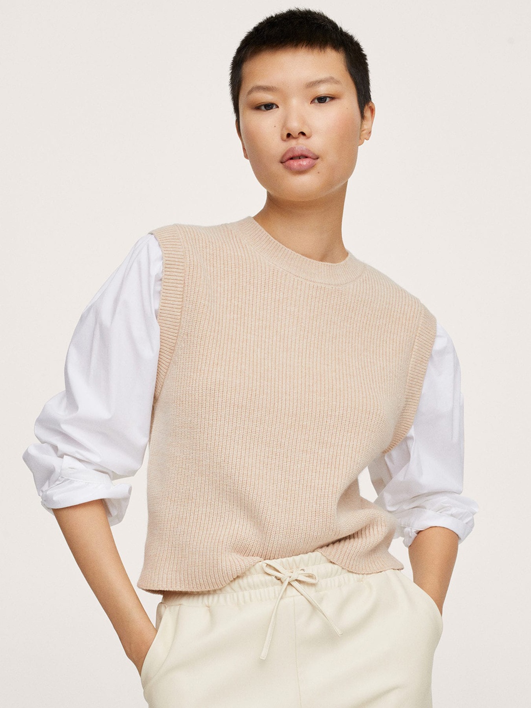 

MANGO Women Beige Ribbed Pullover
