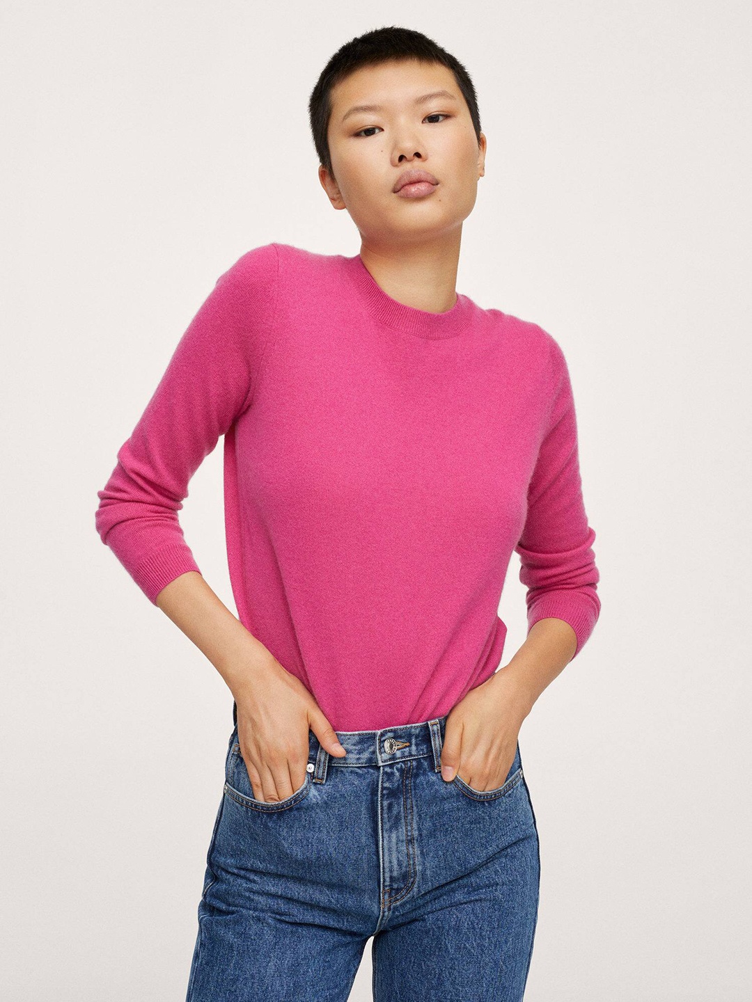 

MANGO Women Solid Cashmere Pullover, Pink