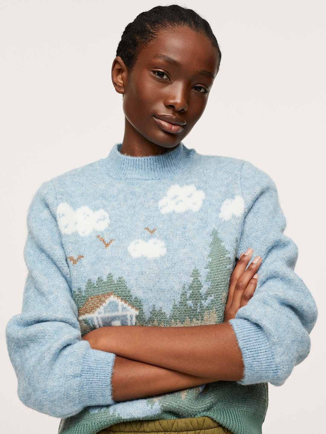 

MANGO Women Blue & Green Self Design Pullover
