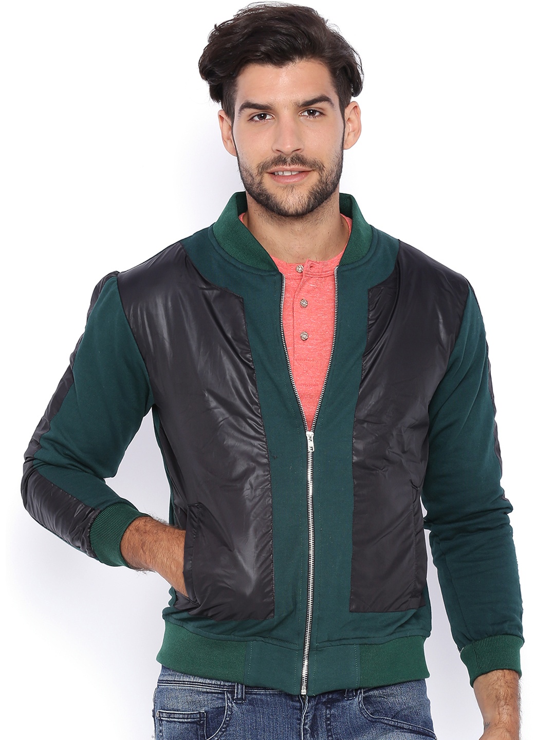 

Campus Sutra Olive Green & Black Colourblocked Bomber Jacket