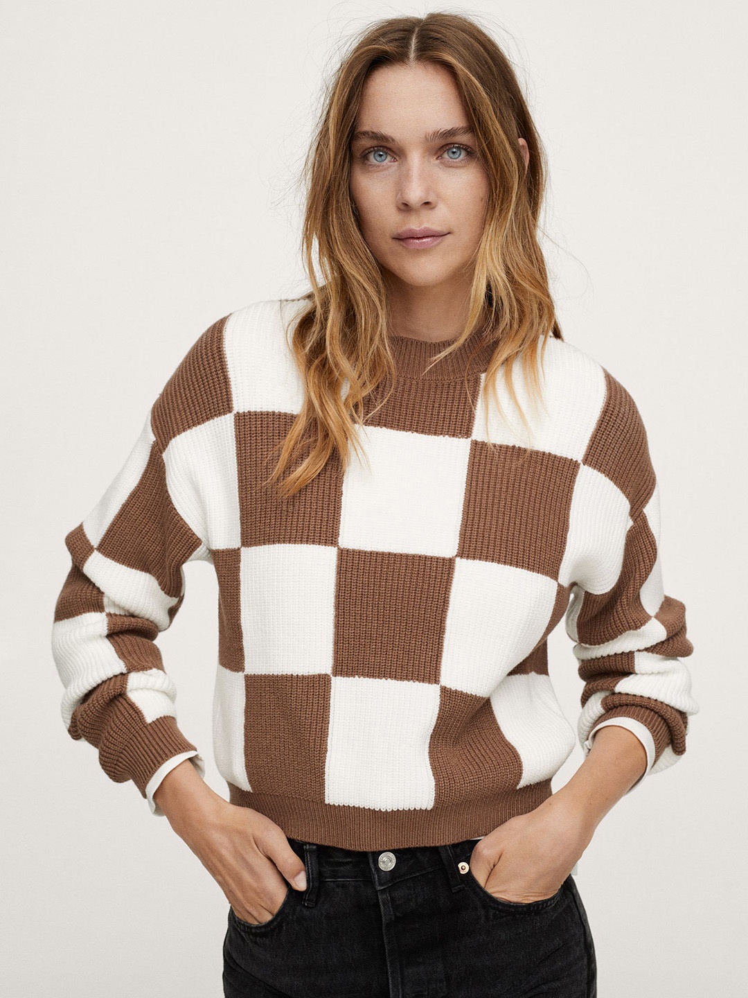 

MANGO Women White & Brown Checked Pullover