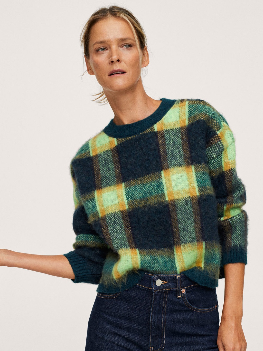 

MANGO Women Navy Blue & Green Checked Pullover