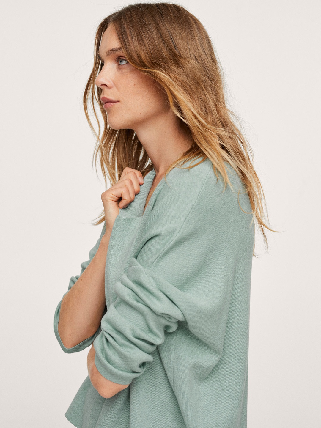 

MANGO Women Green Pure Cotton Solid Pullover