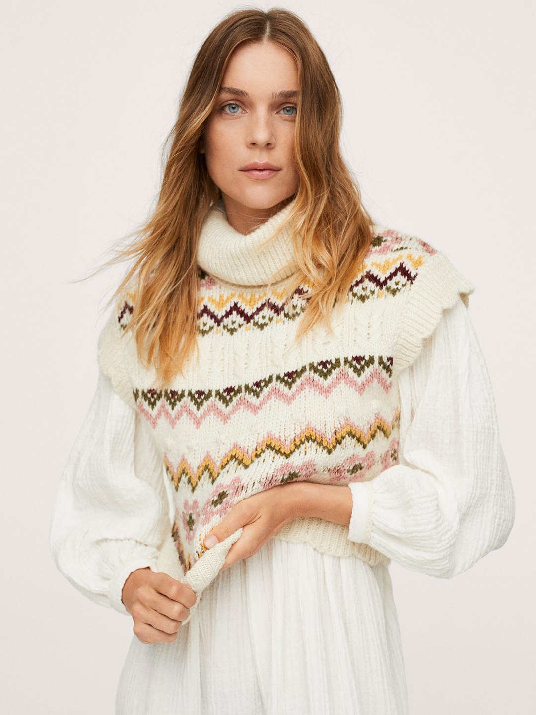 

MANGO Women Cream-Coloured & Maroon Fair Isle Design Pullover
