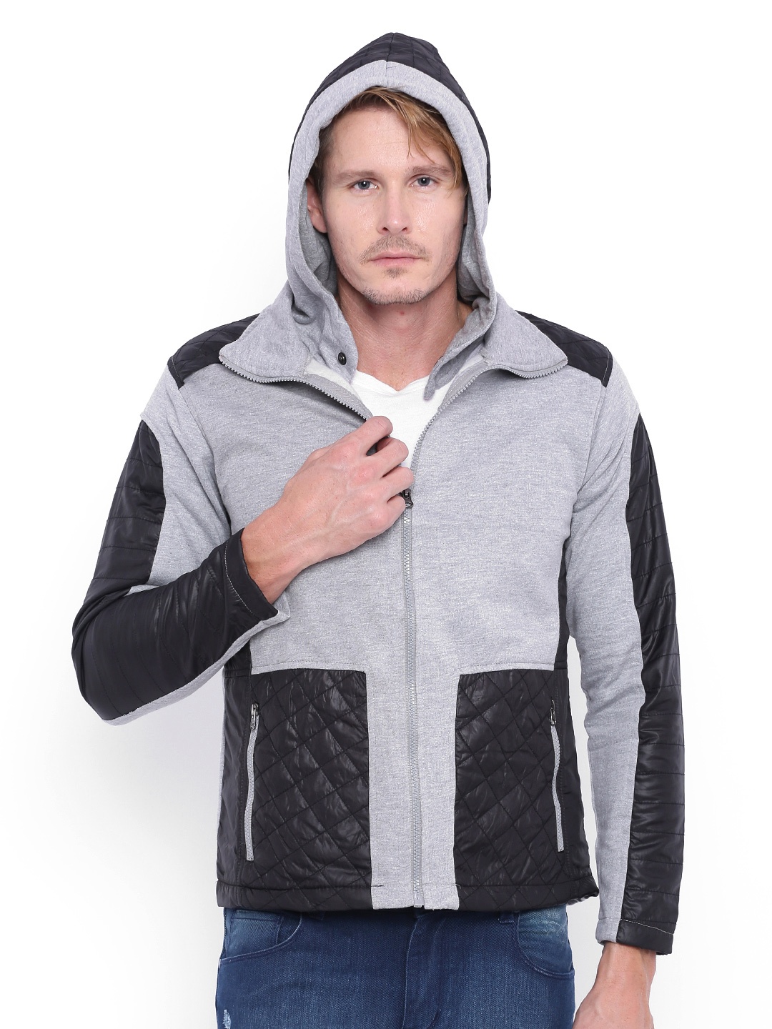 

Campus Sutra Grey & Black Colourblocked Hooded Jacket