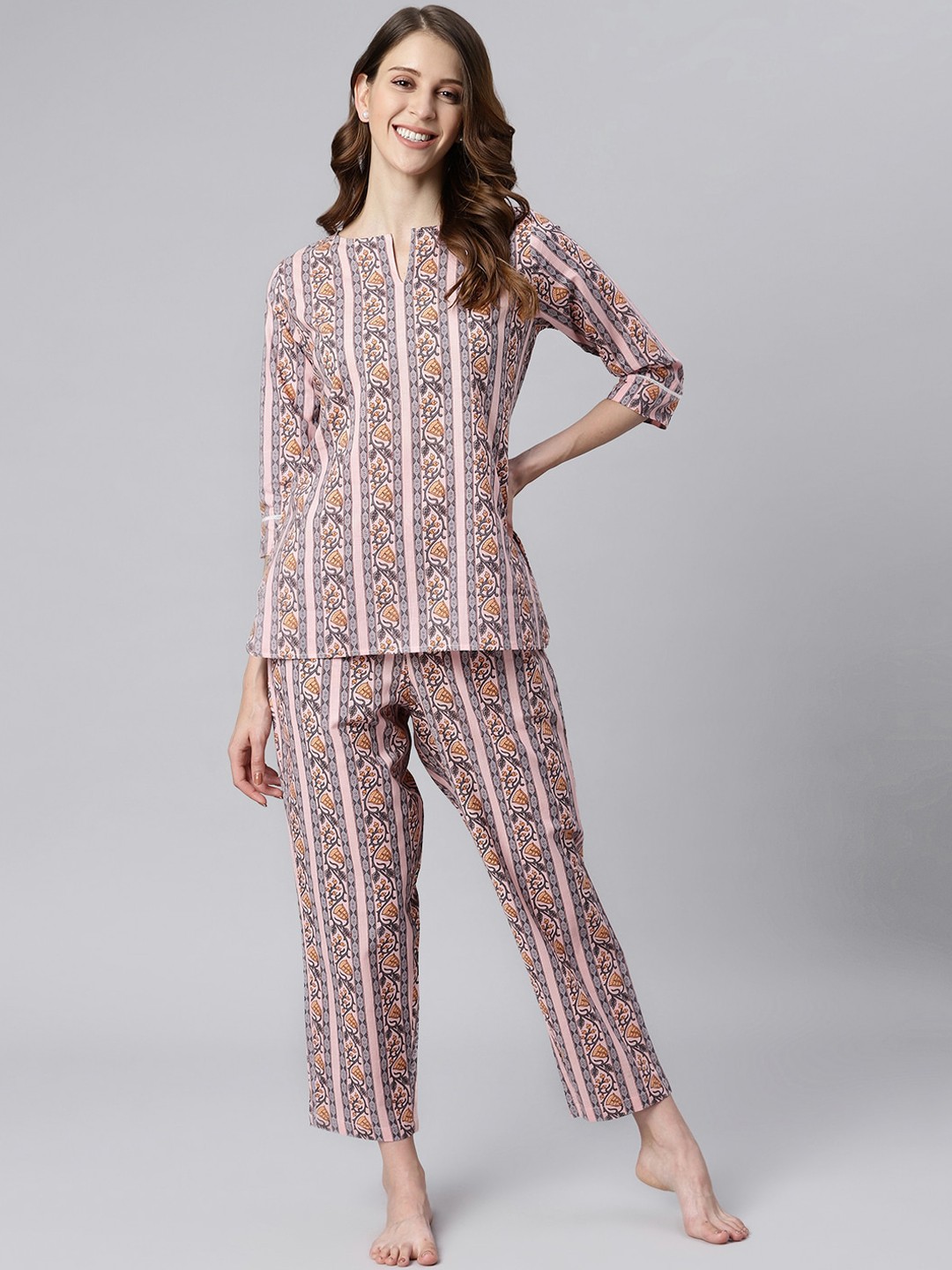 

Janasya Women Pink & Grey Striped Night suit