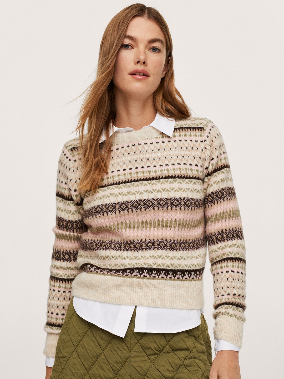 

MANGO Women Beige & Coffee Brown Fair Isle Pullover