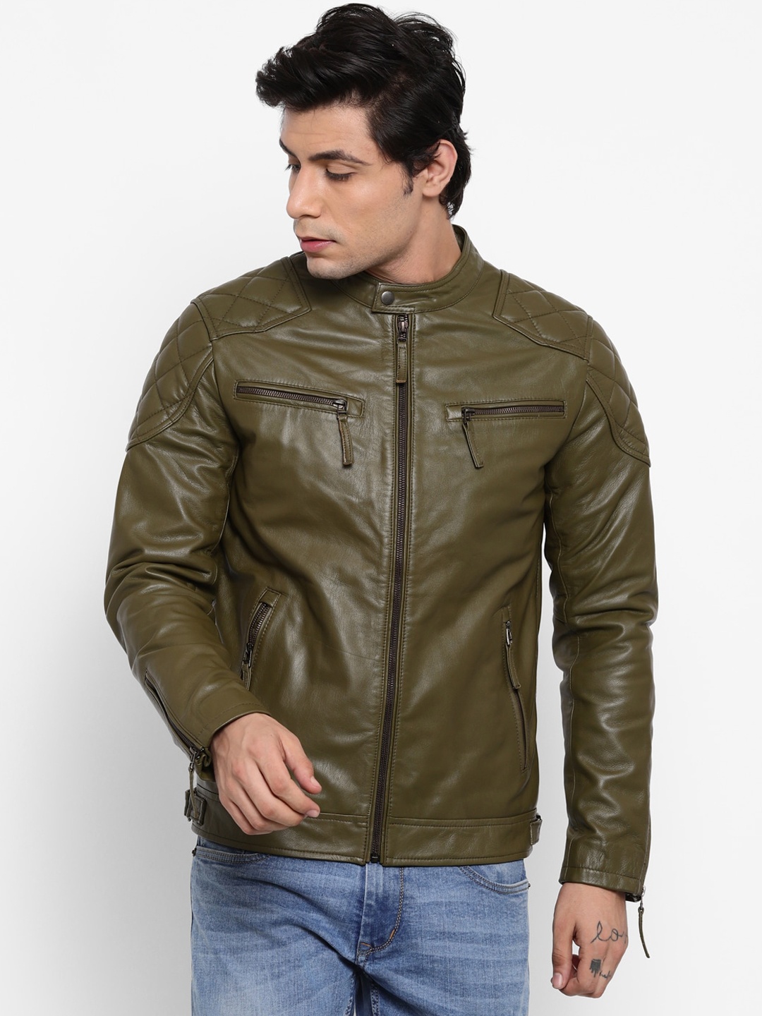 

WELBAWT Men Olive Green Leather Lightweight e-Dry Technology Biker Jacket