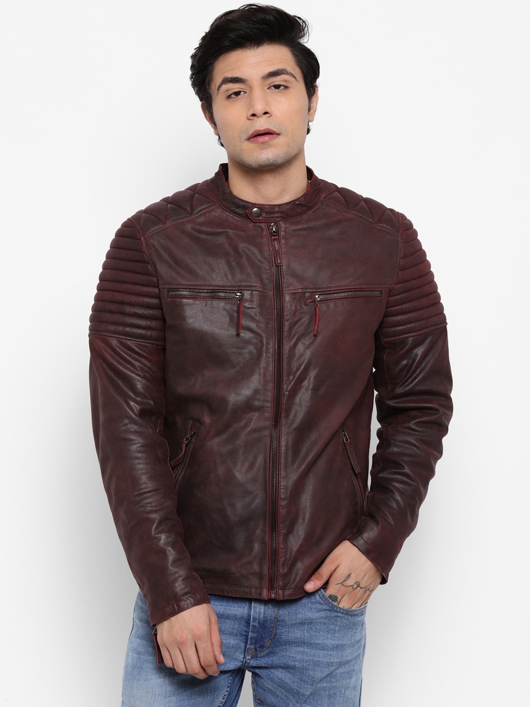 

WELBAWT Men Red Leather Lightweight e-Dry Technology Biker Jacket