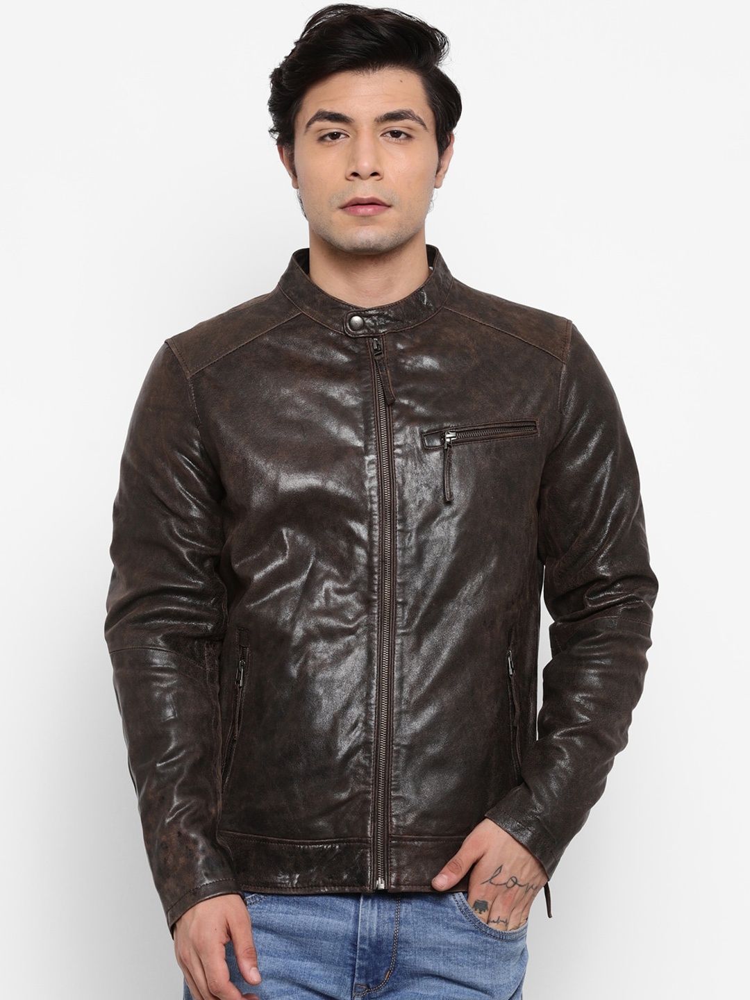 

WELBAWT Men Brown Leather Lightweight e-Dry Technology Biker Jacket with Patchwork