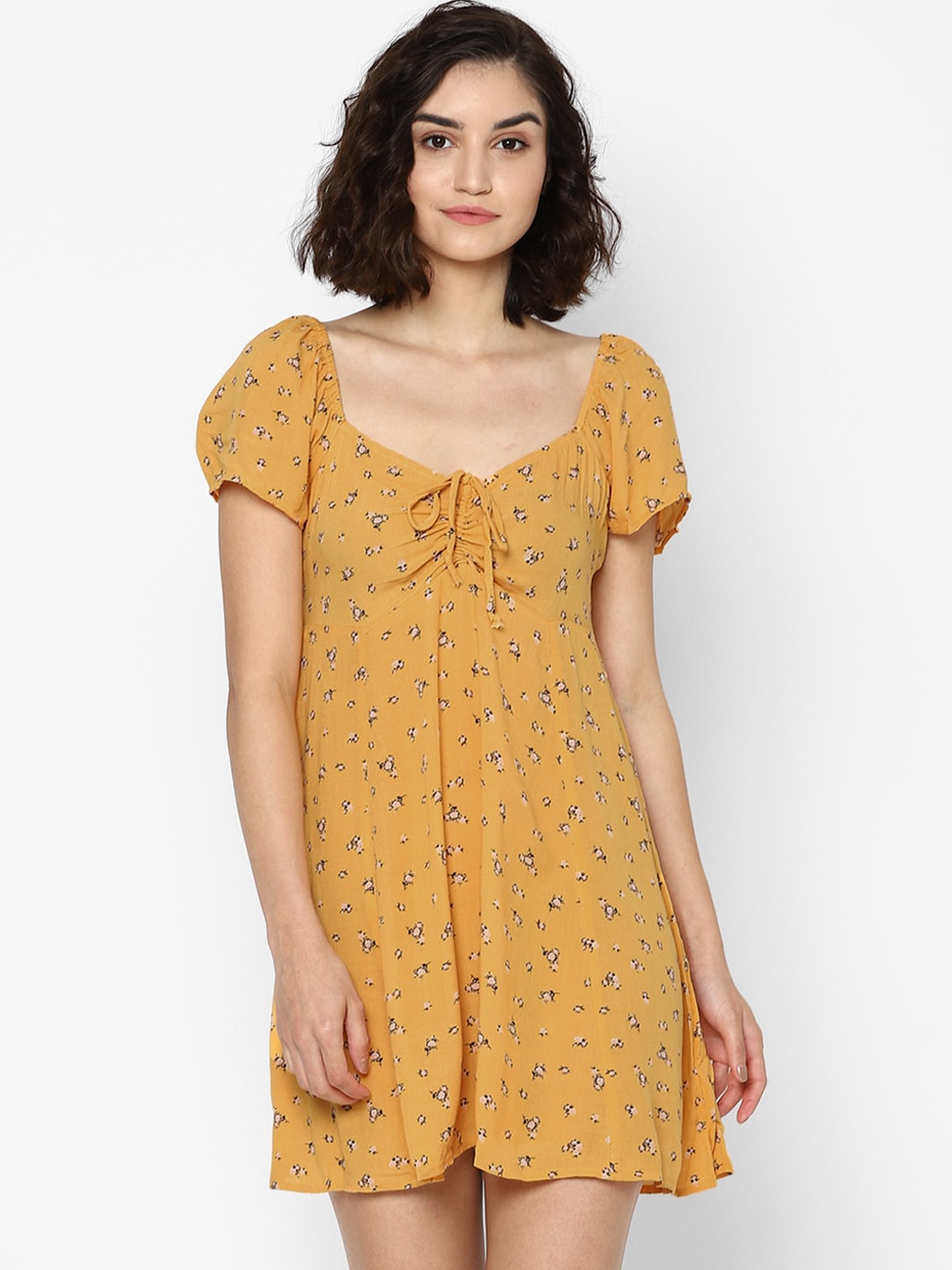 

AMERICAN EAGLE OUTFITTERS Yellow Floral Tie-Up Neck A-Line Mini Dress