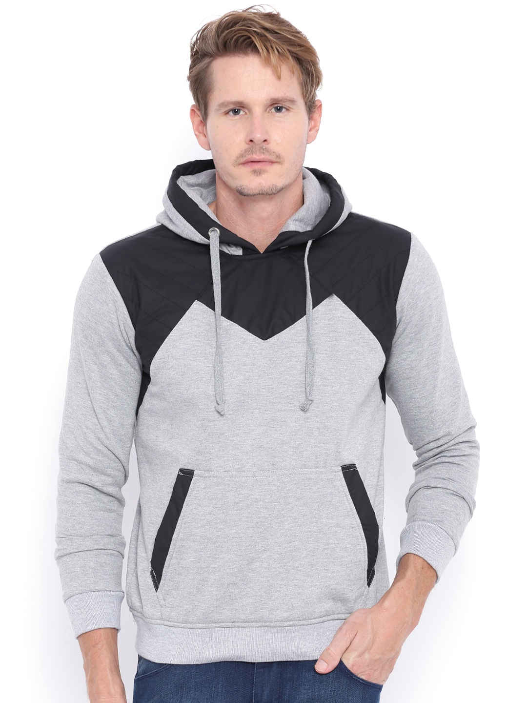 

Campus Sutra Grey & Black Colourblocked Hooded Sweatshirt
