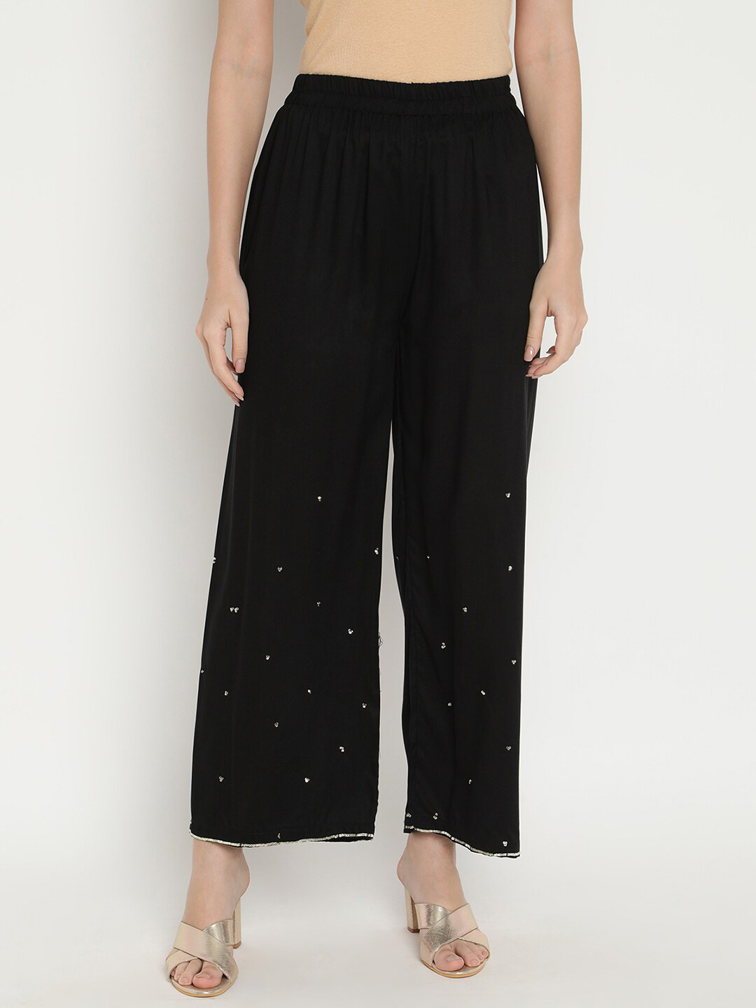 

V2 Value & Variety Women Black & Gold-Toned Ethnic Motifs Printed Knitted Ethnic Palazzos
