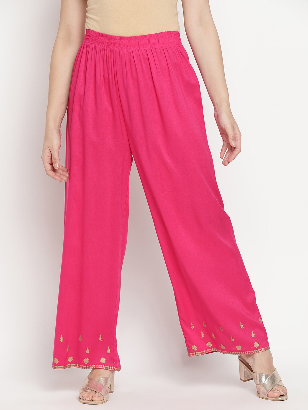 

V2 Value & Variety Women Pink & Gold-Toned Knitted Ethnic Palazzos