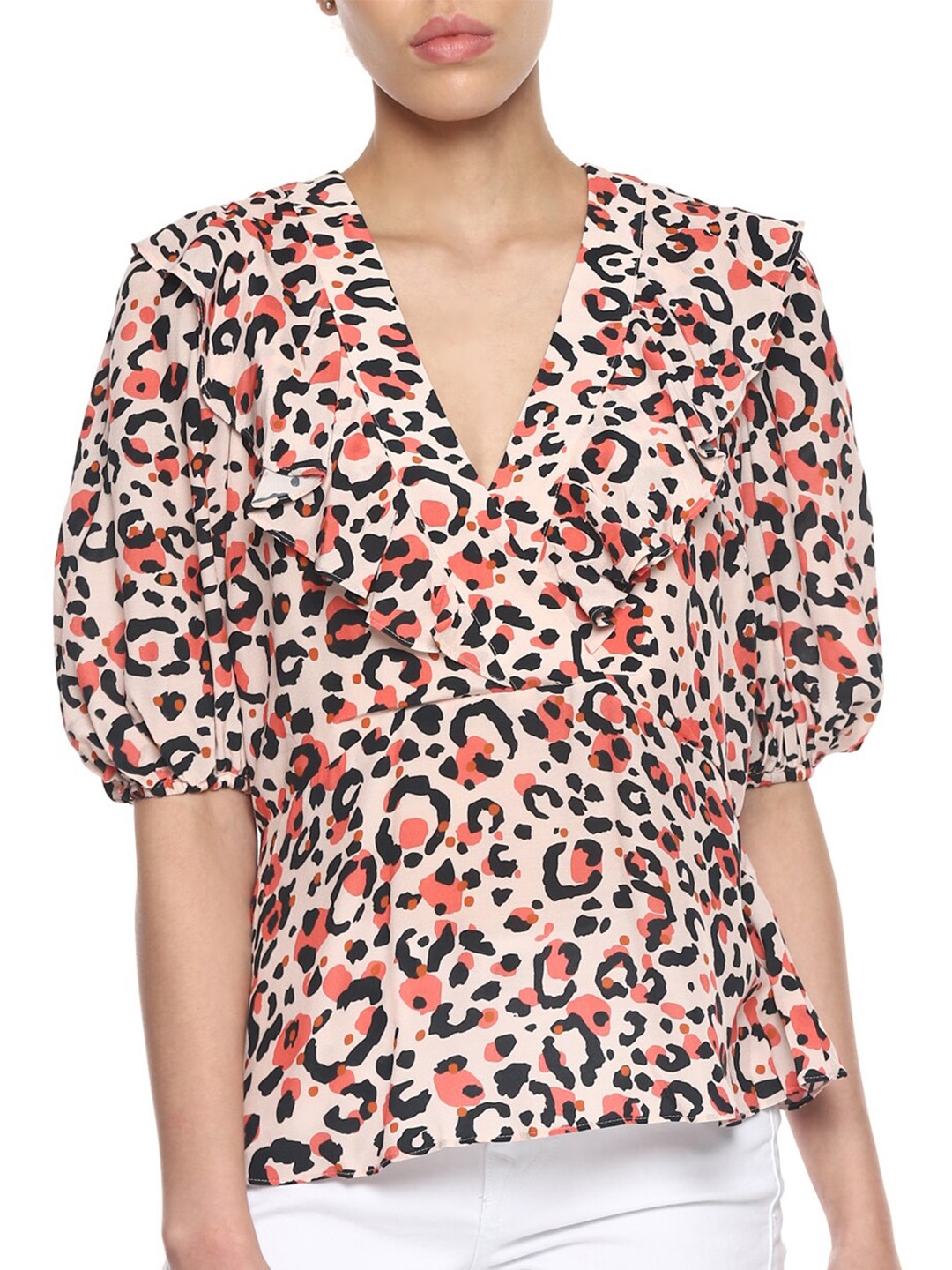 

Ted Baker Women Pink & Beige Printed V-neck Ruffles Styled Back Top