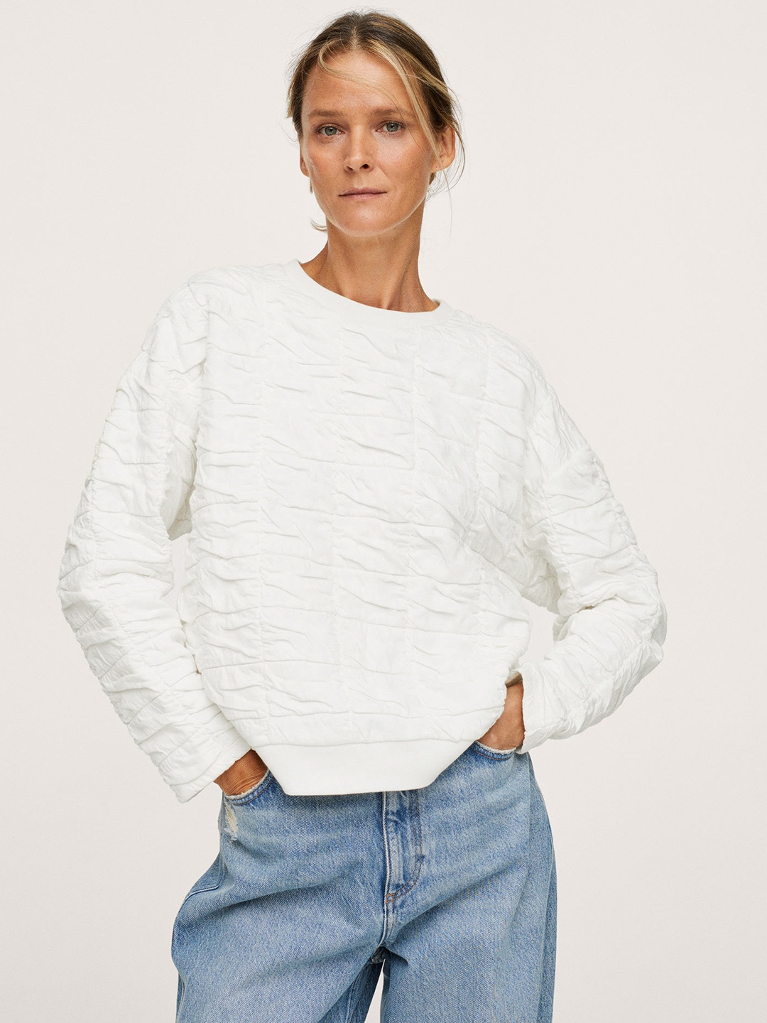 

MANGO Women White Textured Sweatshirt