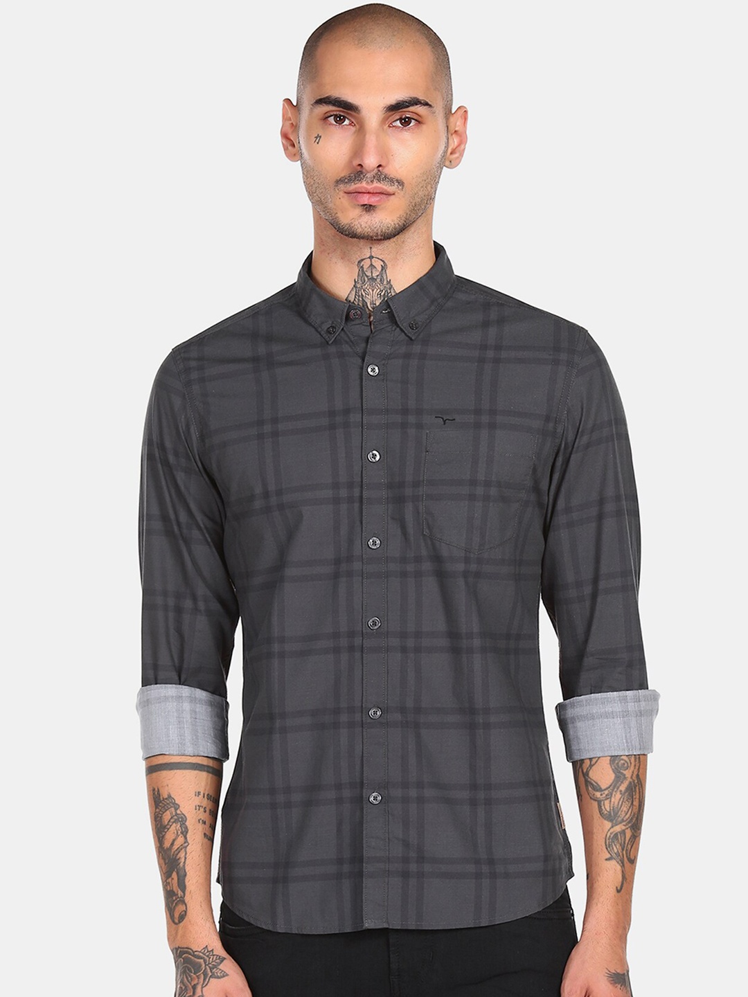 

Flying Machine Men Grey Windowpane Checks Checked Button-Down Collar Casual Shirt