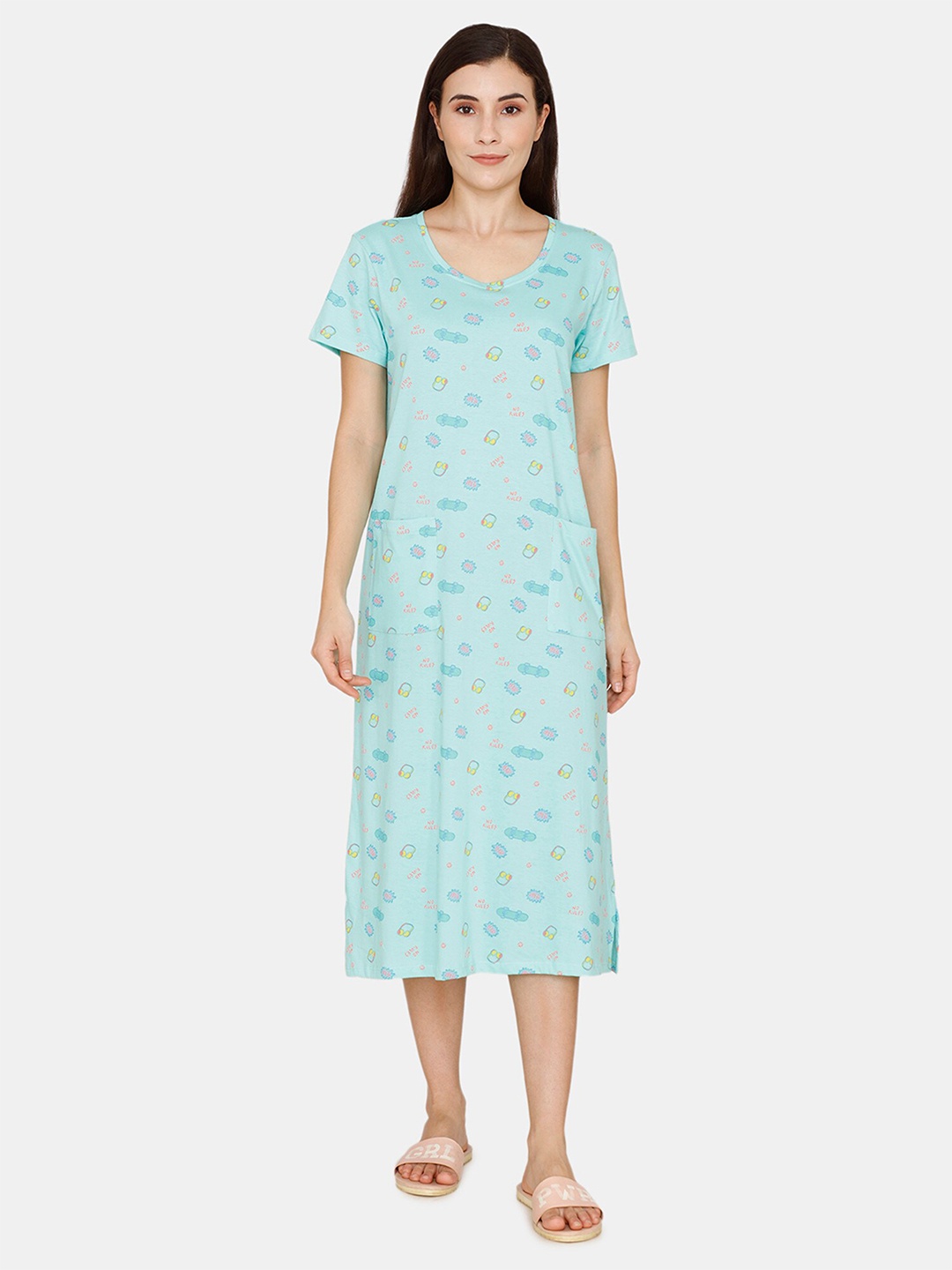 

Zivame Green Printed Pure Cotton Nightdress