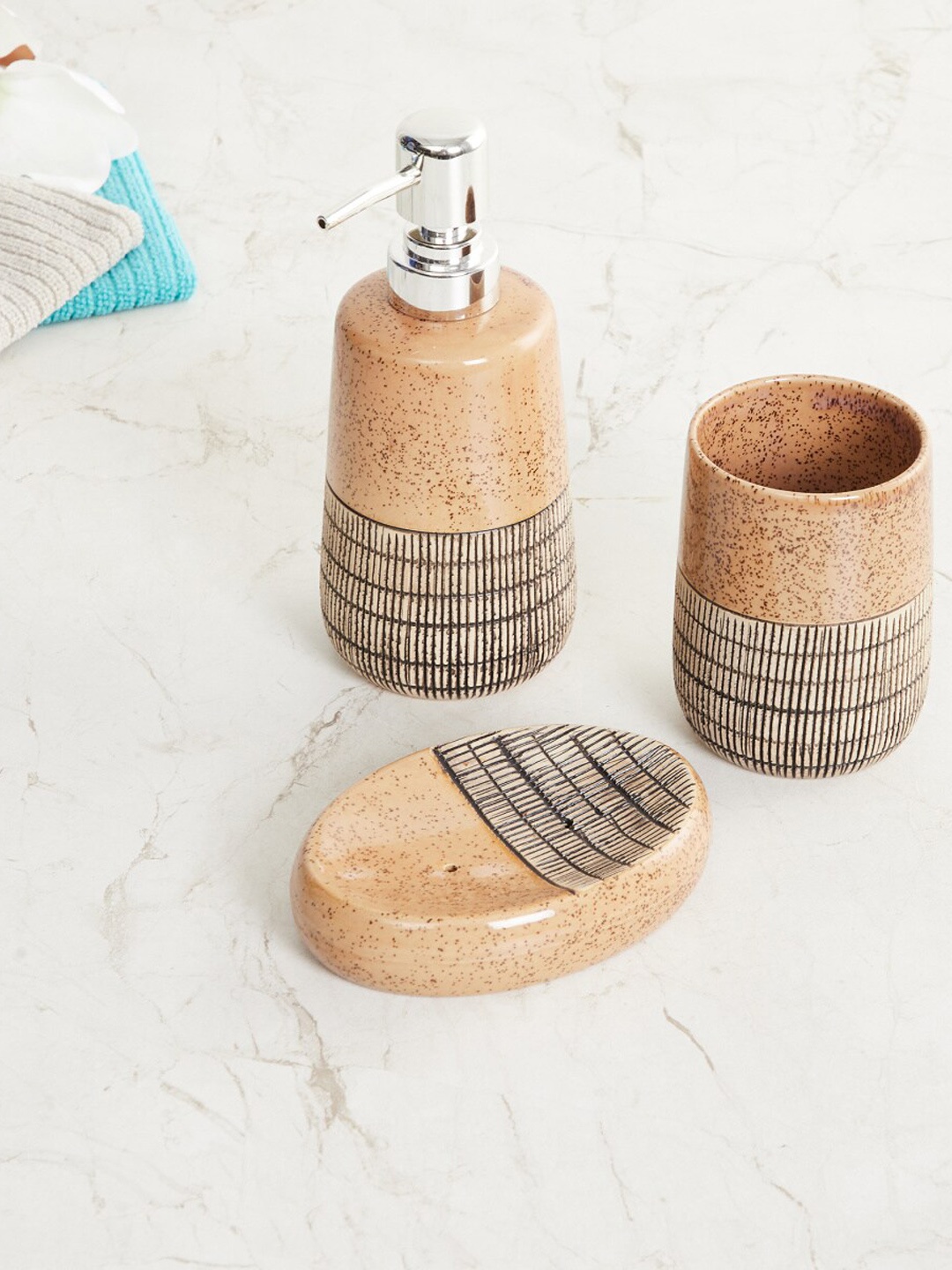 

Home Centre Set Of 3 Brown & Beige Textured Ceremic Bathroom Accessories