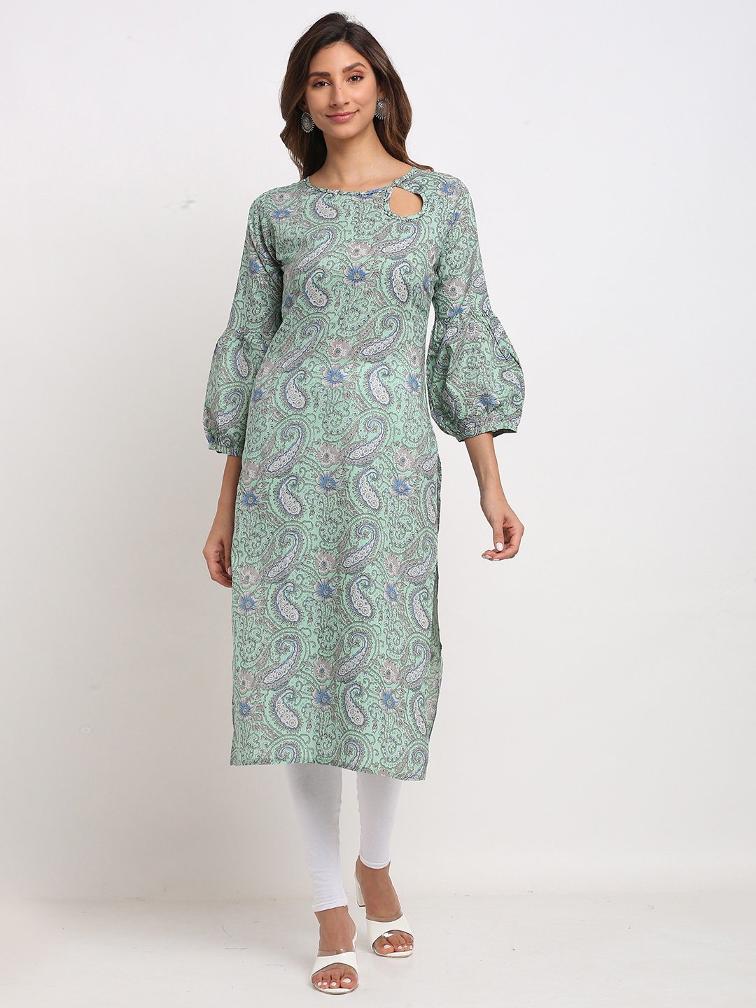 

Rajnandini Green & Grey Paisley Printed Pure Cambric Cotton Kurti