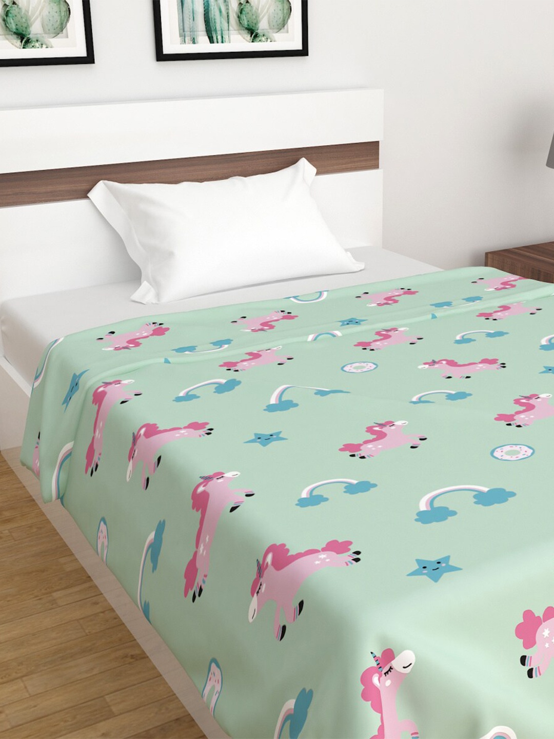 

Home Centre Green & Pink Unicorn Cartoon Characters Summer 210 GSM Single Bed Quilt