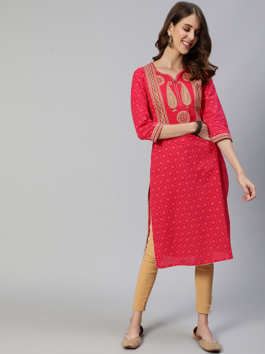 

Ishin Women Pink & Gold-Toned Ethnic Motifs Embroidered Zari Cotton Kurta