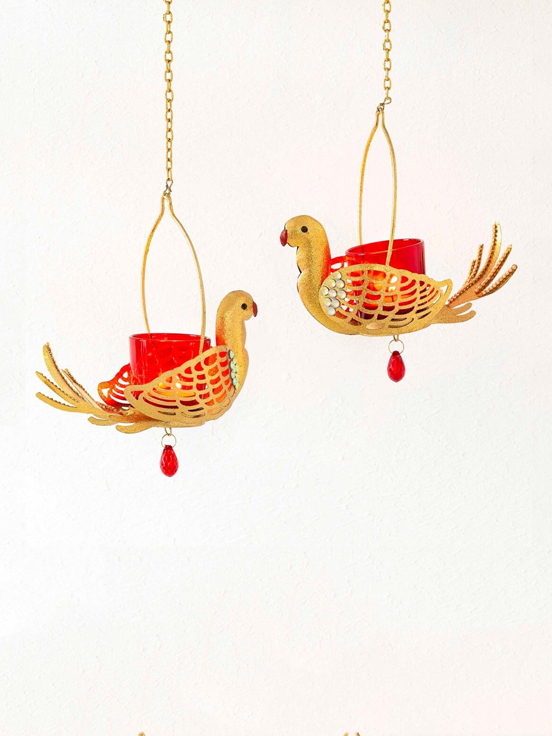 

Home Centre Set of 2 Gold & Red Glass Tea Light Hanging Candle Holders