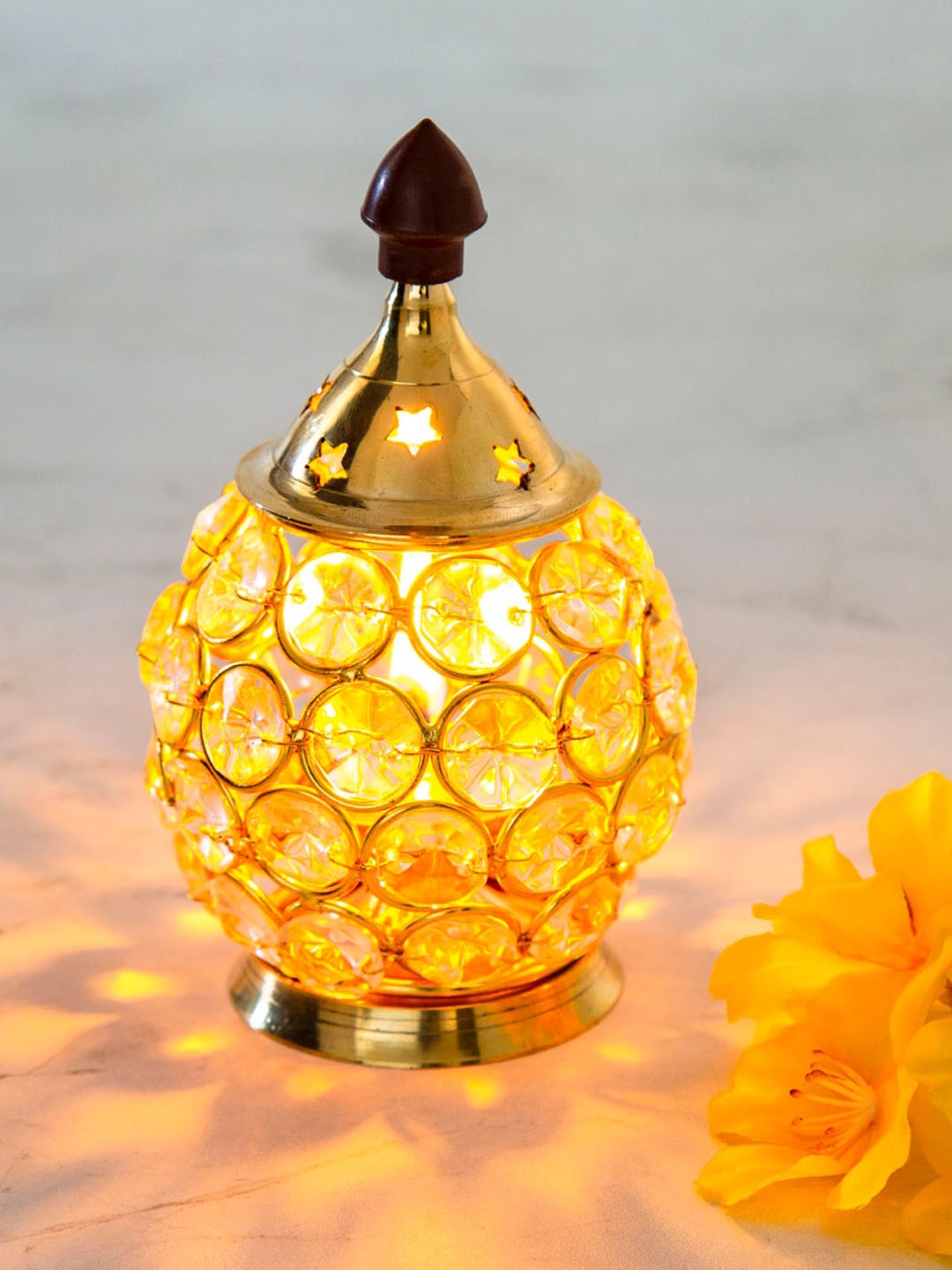 

Home Centre Gold-Coloured Textured Metal & Glass Diya with Holder
