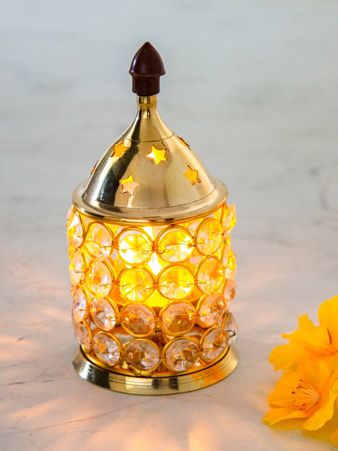 

Home Centre Gold-Coloured Textured Metal & Glass Diya Holder