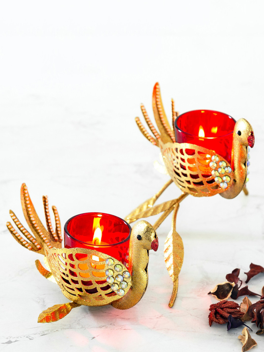 

Home Centre Set Of 2 Red & Gold Glass Macow T-Light Candle Holder