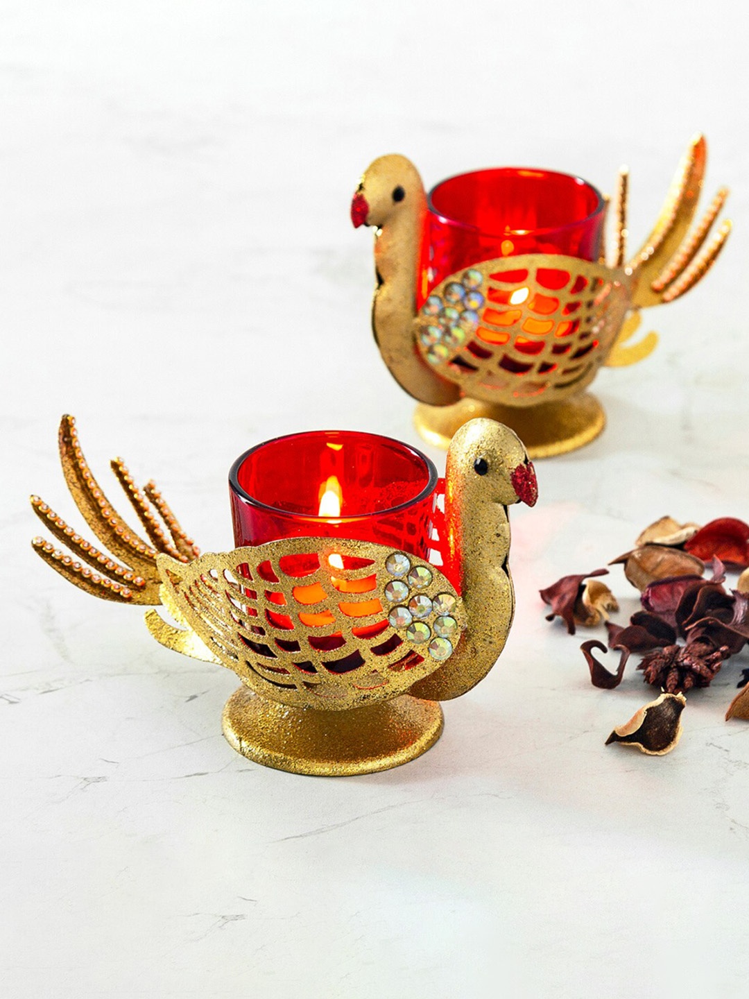 

Home Centre Set Of 2 Gold-Toned & Red Metal T-Light Holders