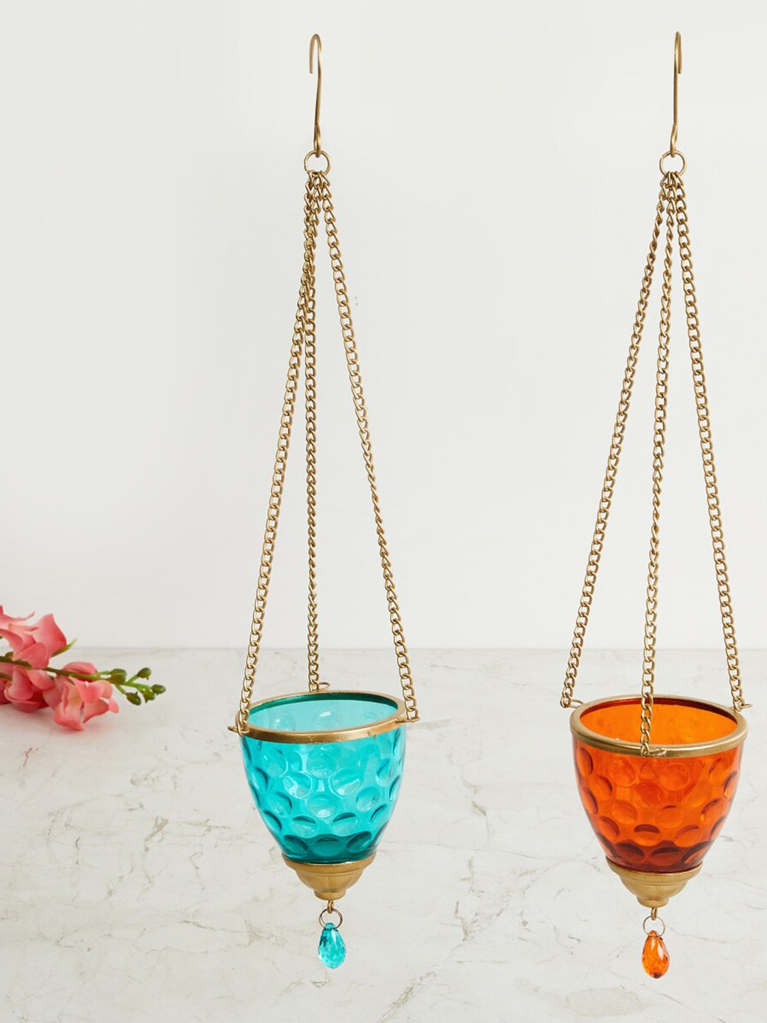 

Home Centre Set Of 2 Solid Matki Votive Hanging, Turquoise blue