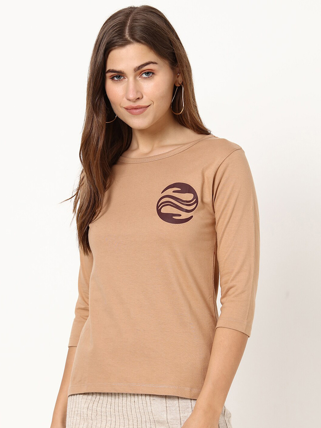 

Bewakoof Women Brown Round Neck Cotton T-shirt