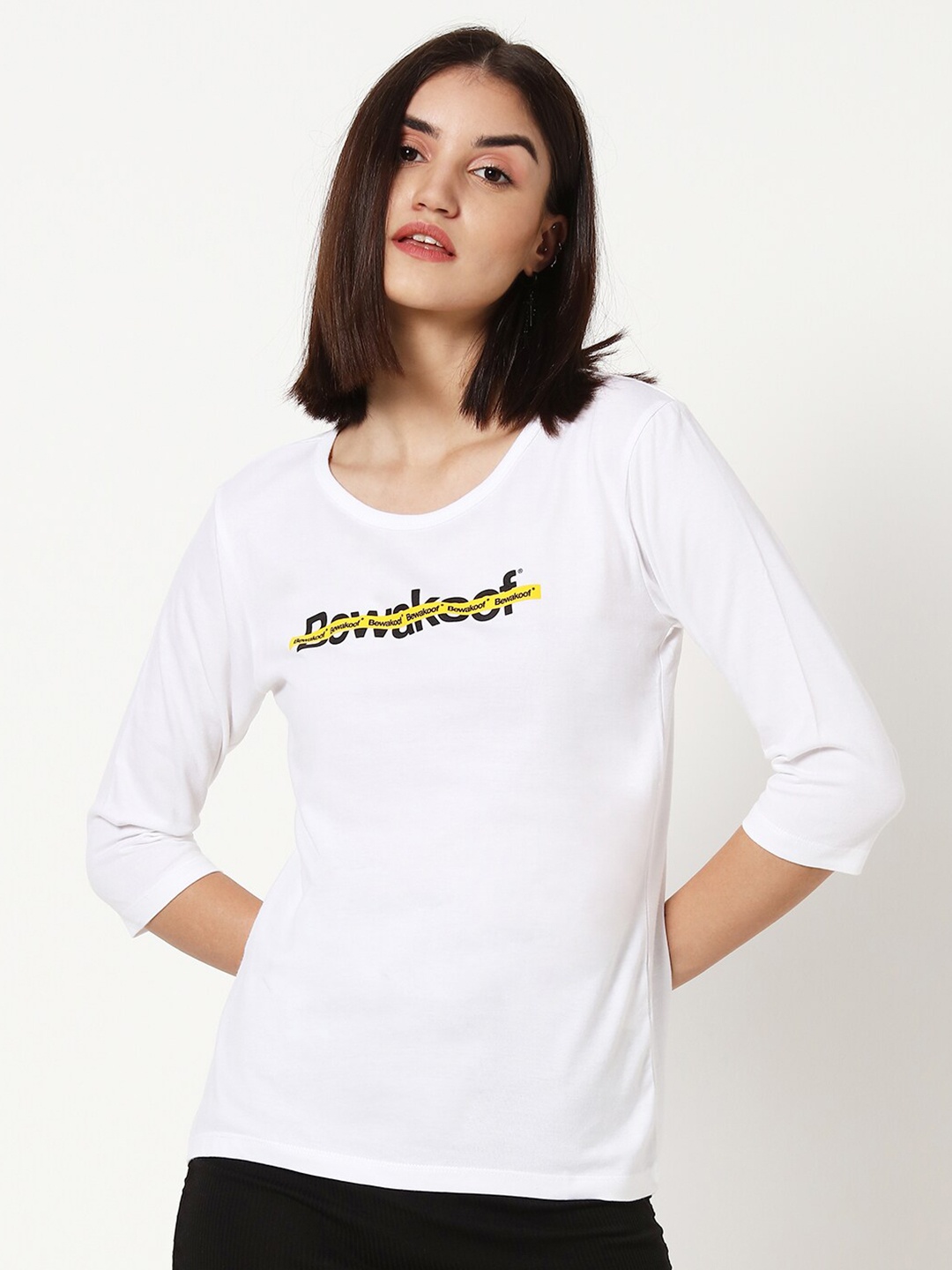 

Bewakoof Women White Typography Slim Fit T-shirt