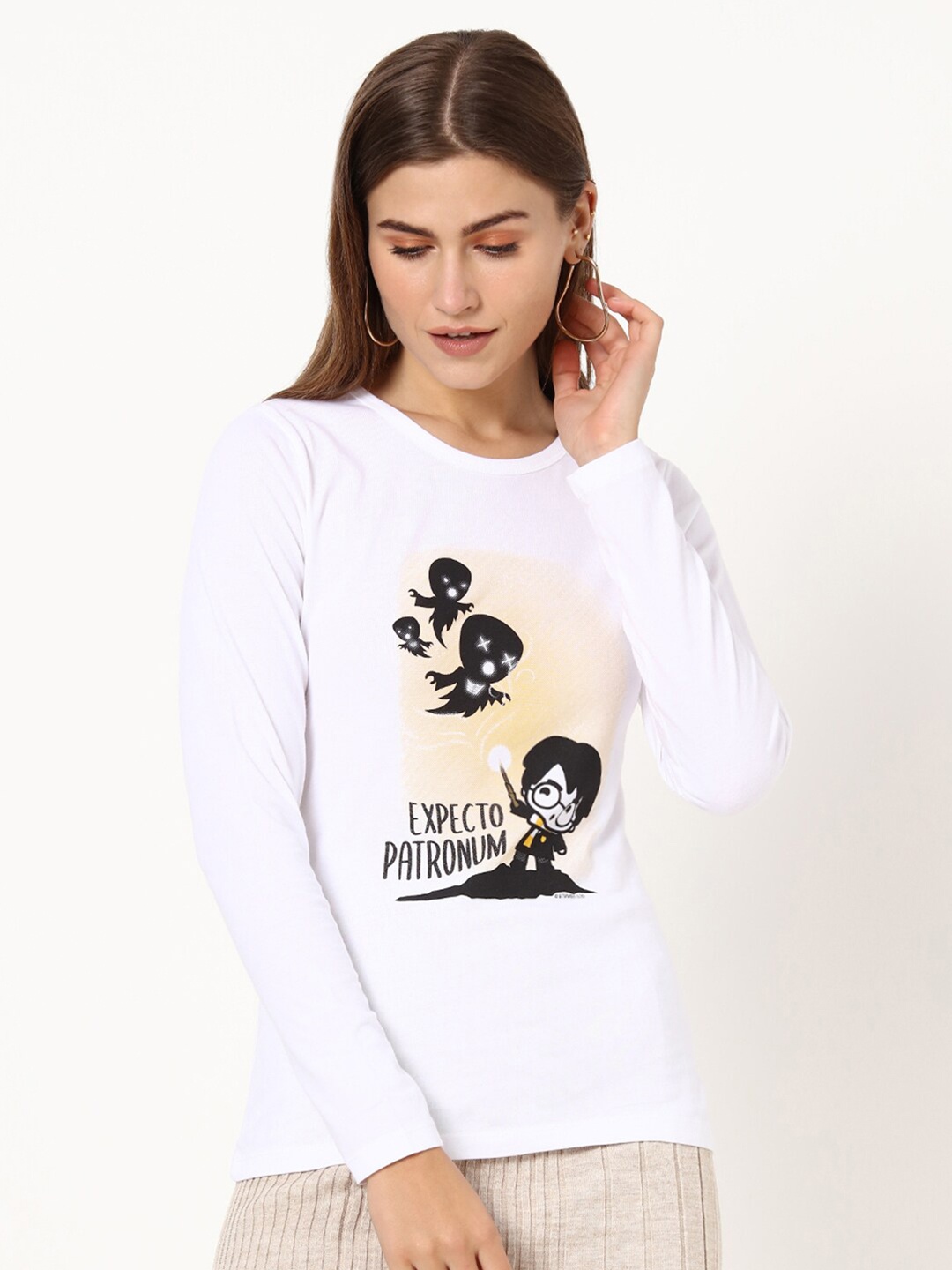 

Bewakoof Women White & Black Printed Cotton T-shirt