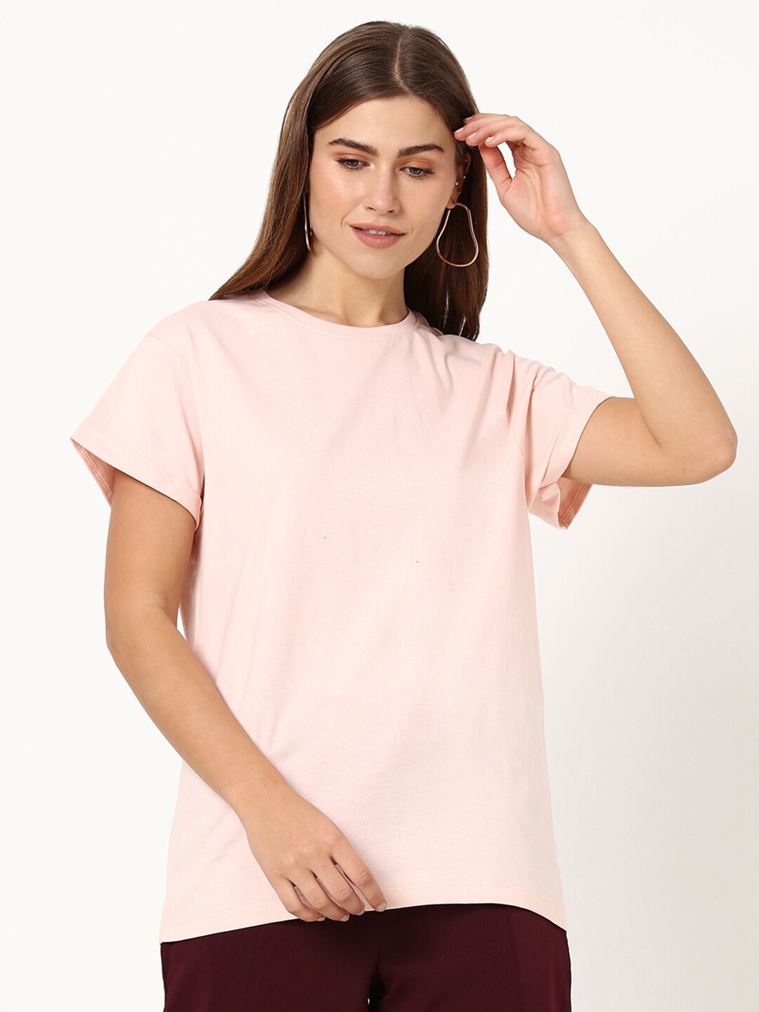 

Bewakoof Women Pink Drop-Shoulder Sleeves Boyfriend Fit T-Shirt