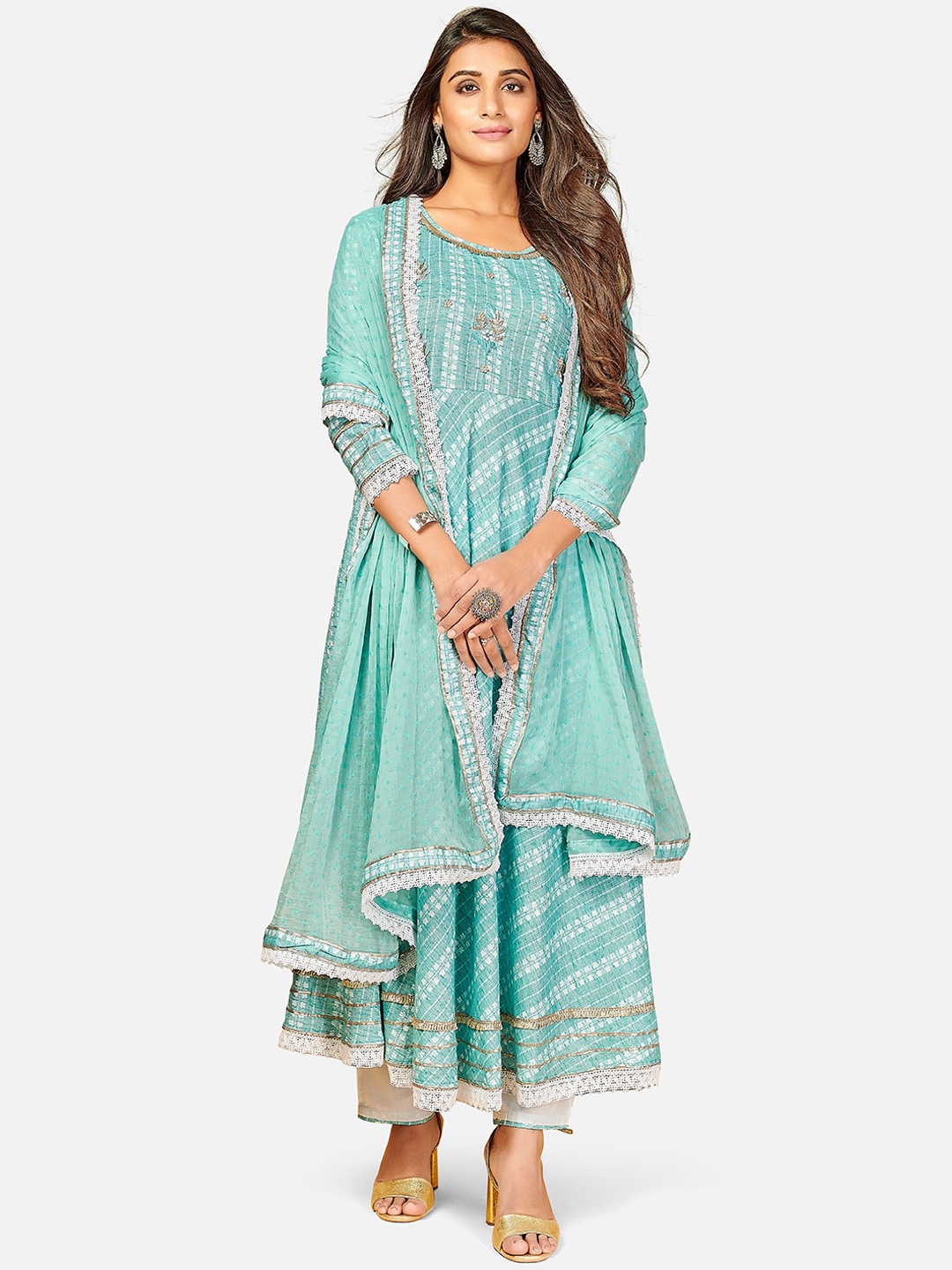 

Vbuyz Women Blue Striped Empire Kurti with Palazzos & Dupatta