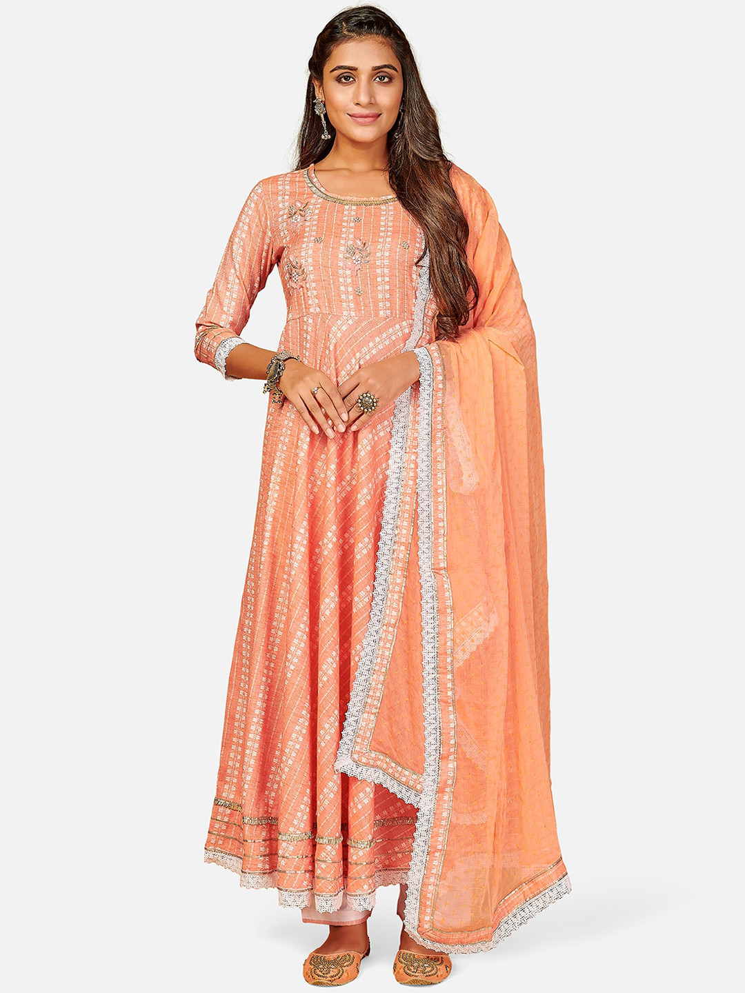 

Vbuyz Women Orange Printed Kurta with Churidar & With Dupatta