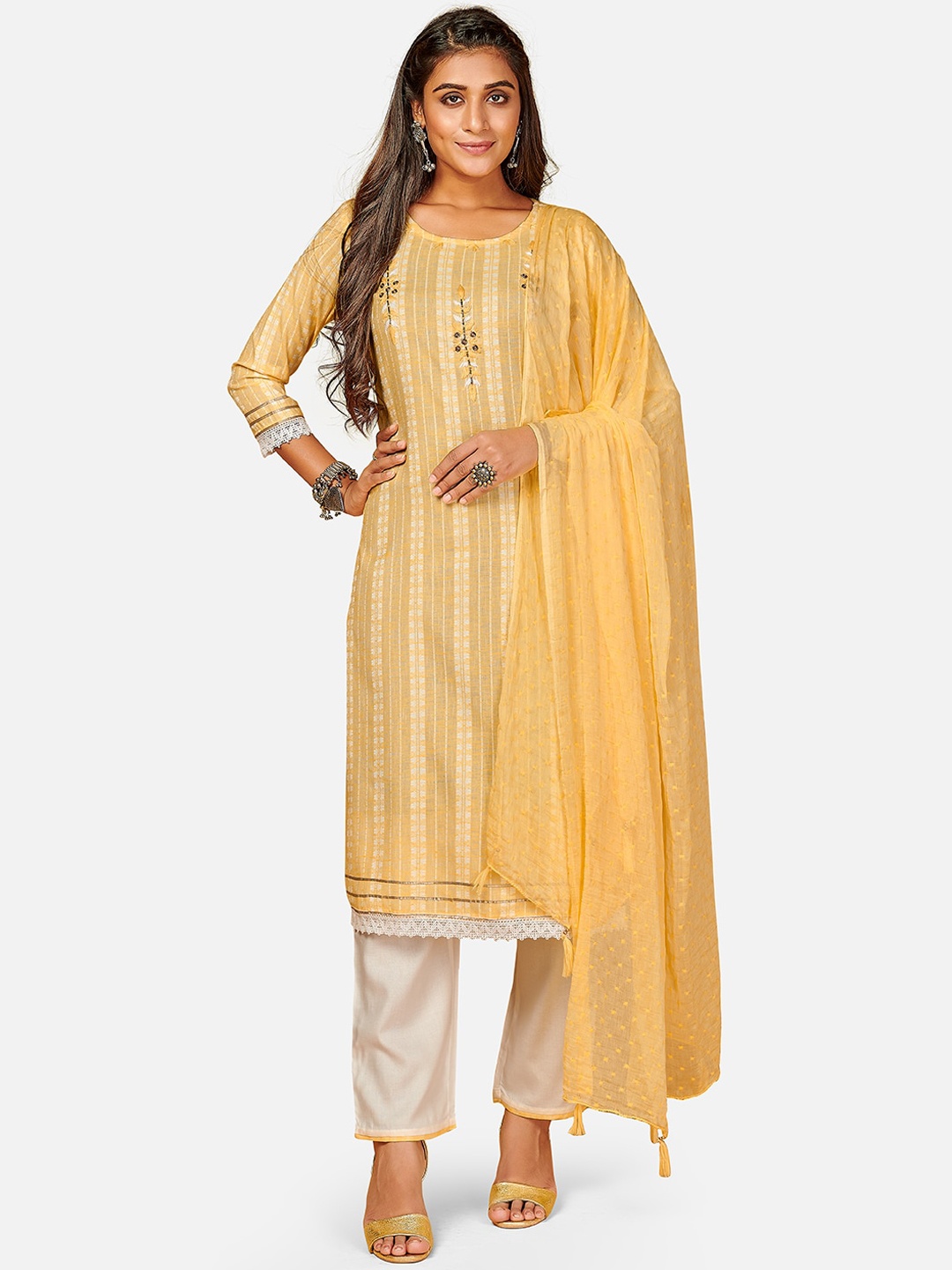 

Vbuyz Women Yellow Striped Regular Kurti with Trousers & With Dupatta